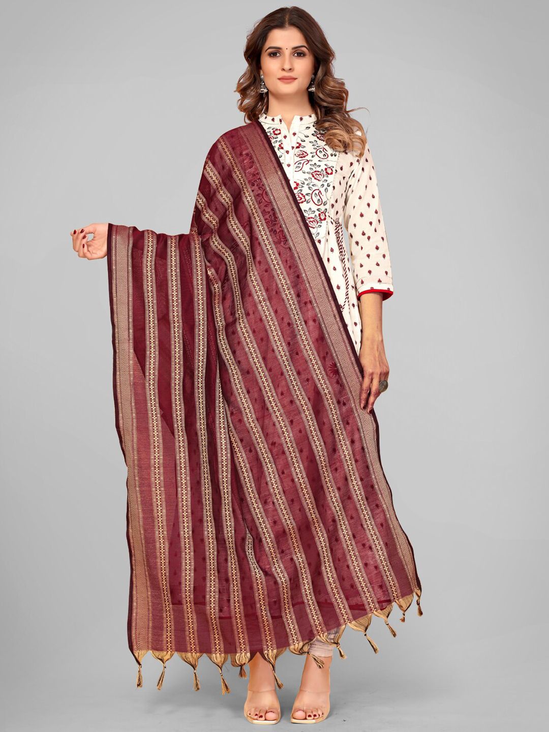 Vbuyz Women Maroon & Cream Striped Dupatta Price in India