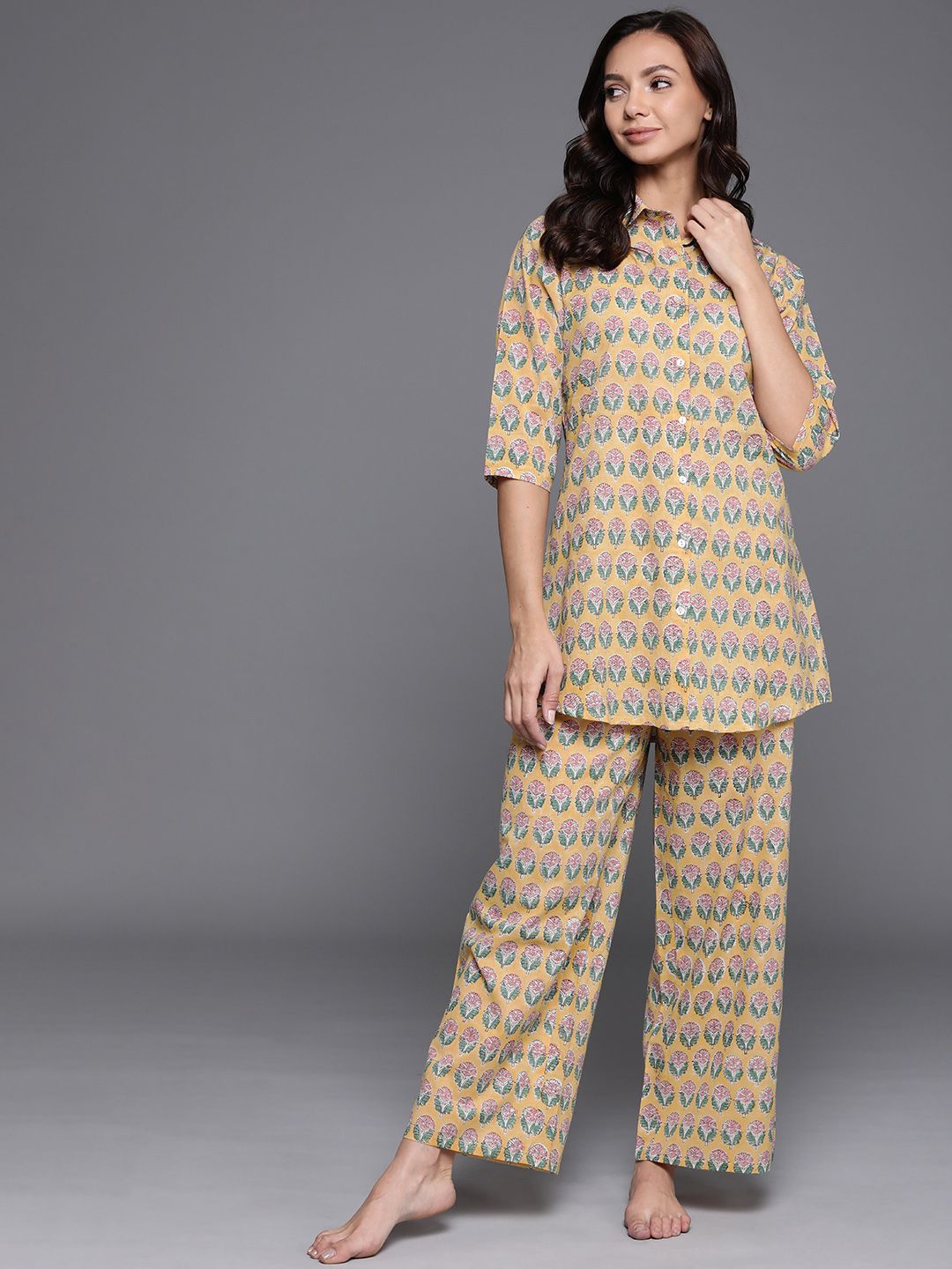 Libas Women Yellow & Green Printed Cotton Night suit Price in India