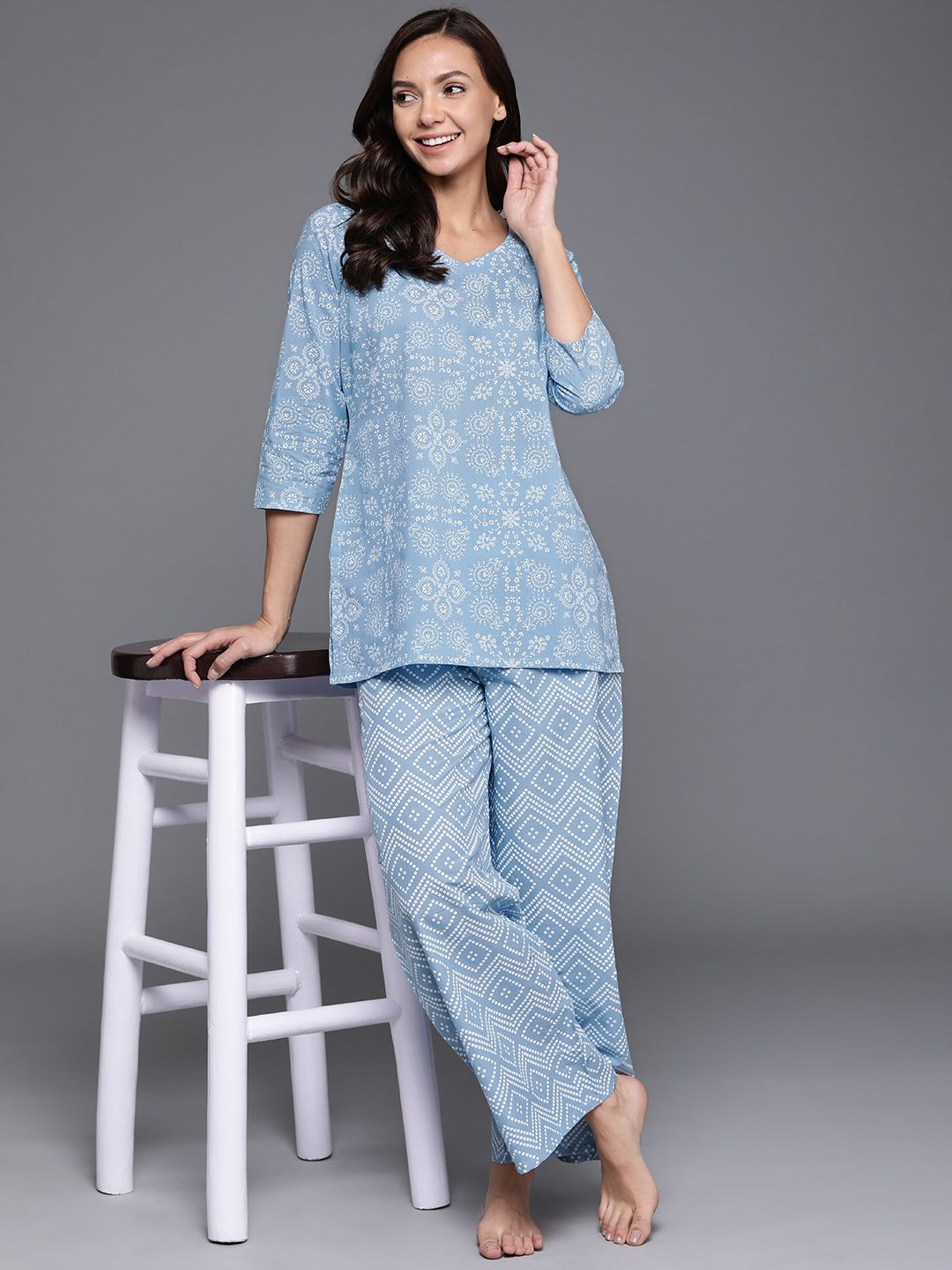 Libas Women Turquoise Blue Printed Cotton Night suit Price in India