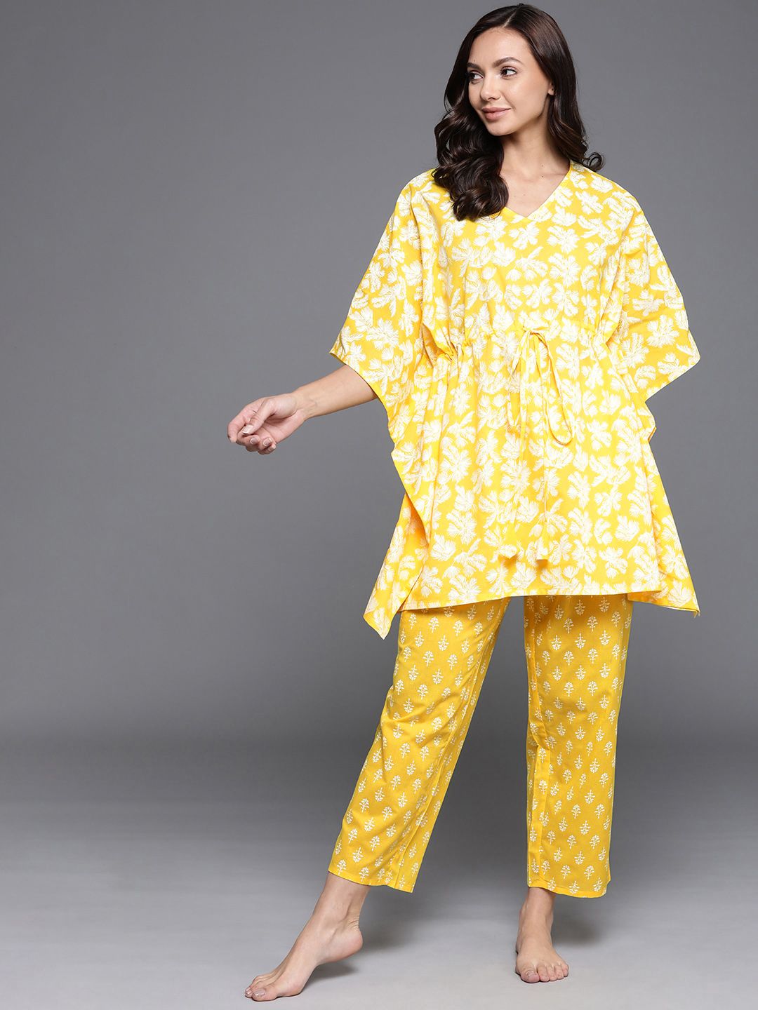 Libas Women Yellow & White Printed Cotton Night suit Price in India
