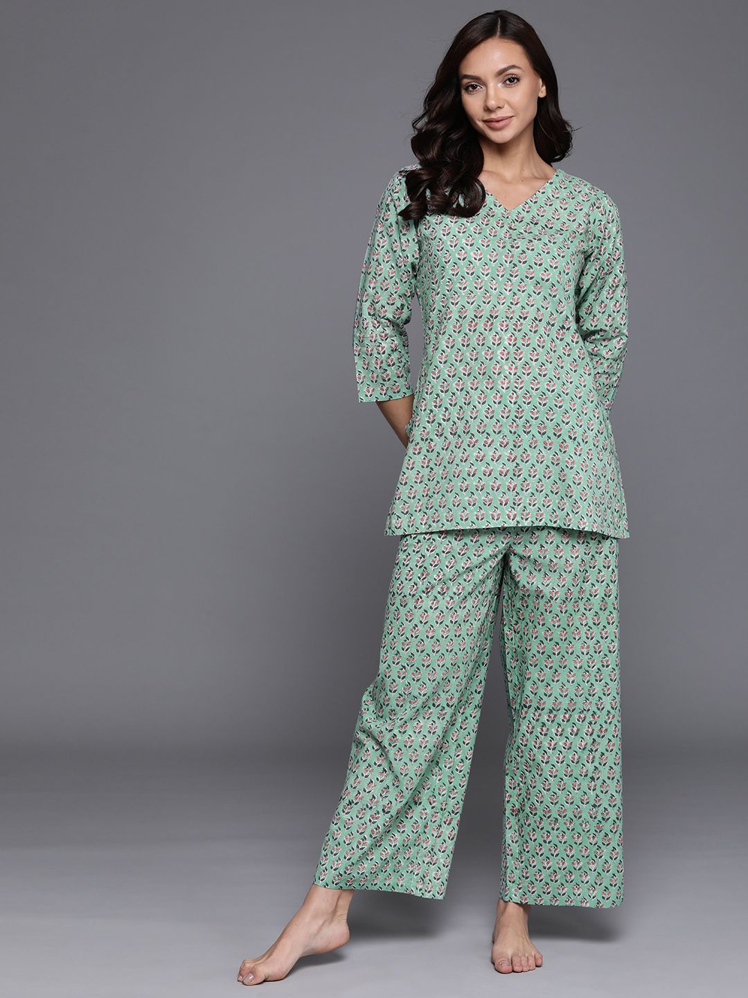 Libas Women Sea Green Printed Cotton Night suit Price in India
