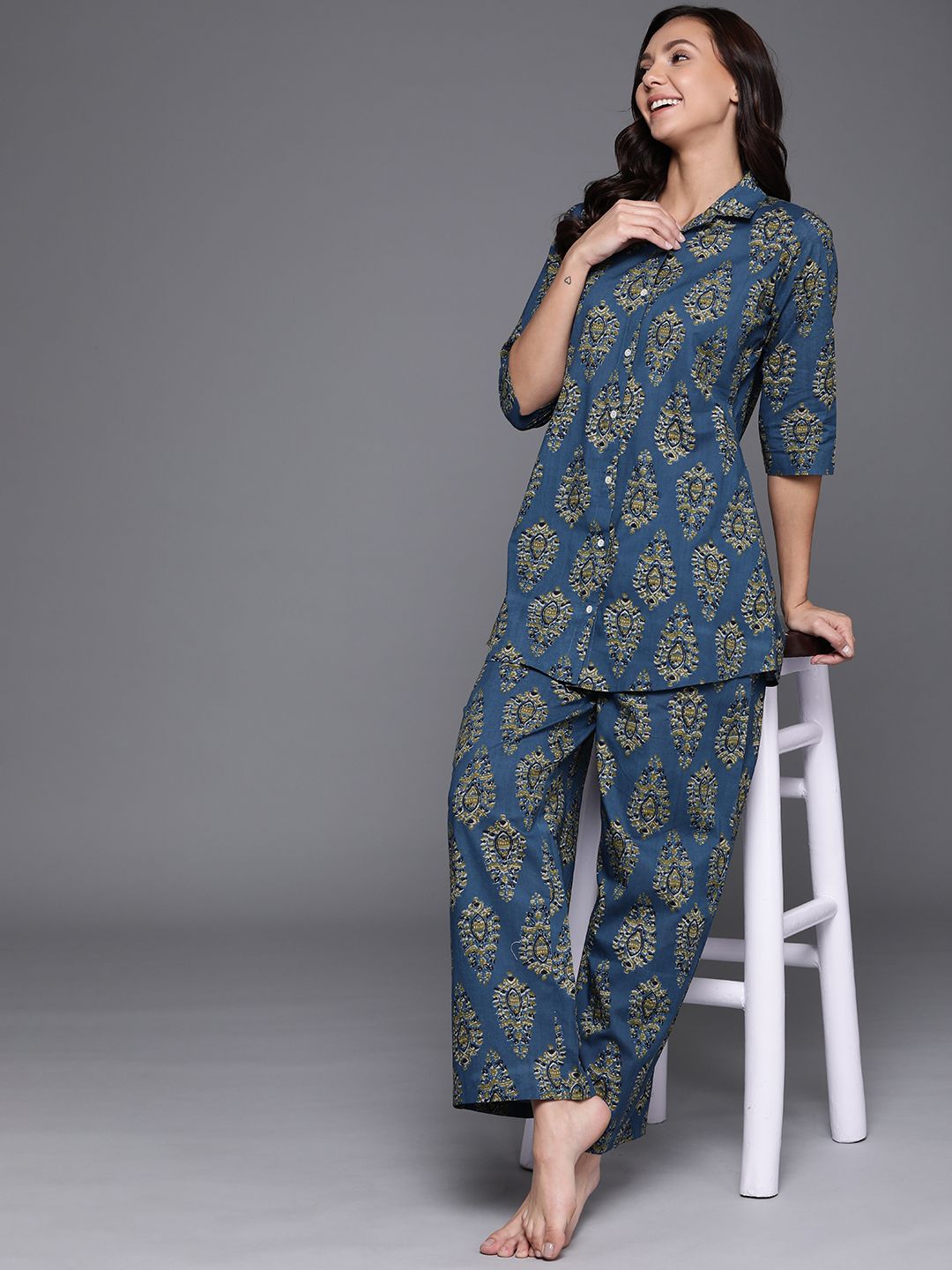 Libas Women Navy Blue Printed Cotton Night suit Price in India