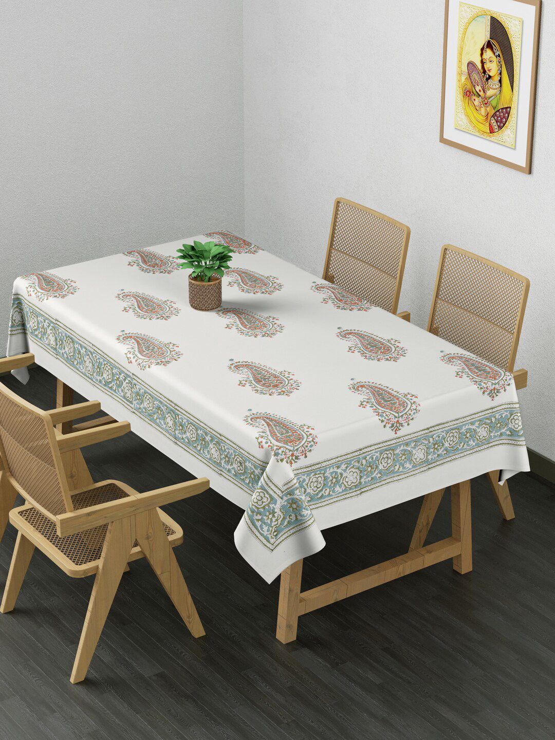 Gulaab Jaipur Cream Handblock Printed Rectangular Table Cover Price in India