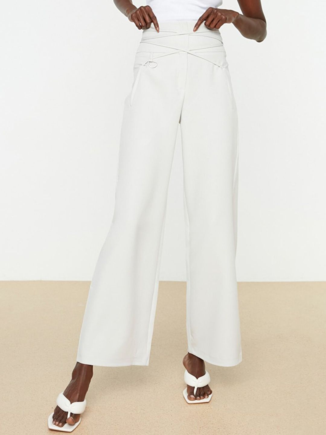 Trendyol Women Grey Waist Tie-Up Detailed Trousers