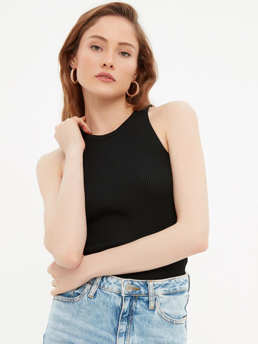 Trendyol Women Black Ribbed Tank Top Price in India