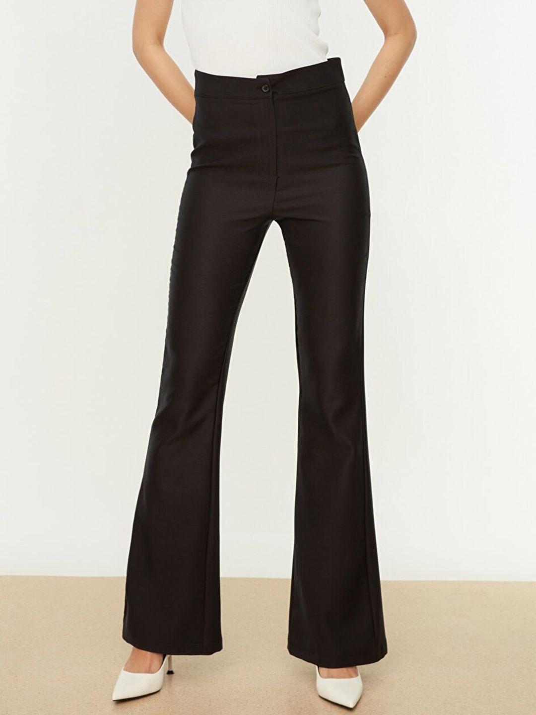 Trendyol Women Black Flared High-Rise Trousers Price in India