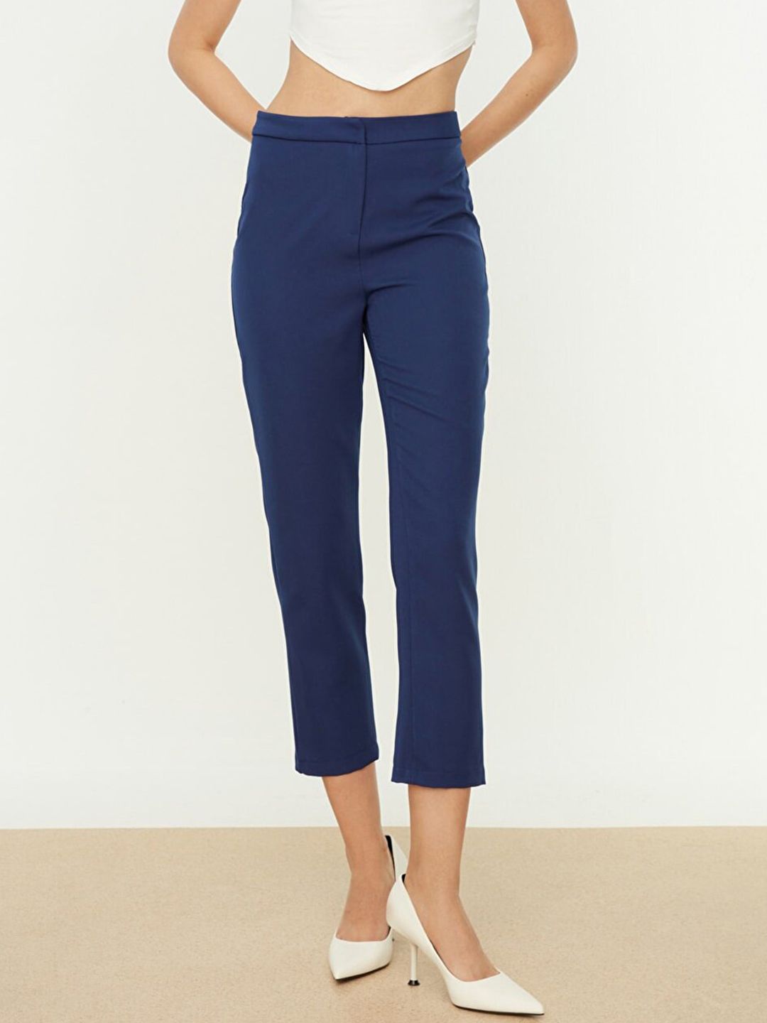 Trendyol Women Blue Classic Fit Solid Cropped Trousers Price in India