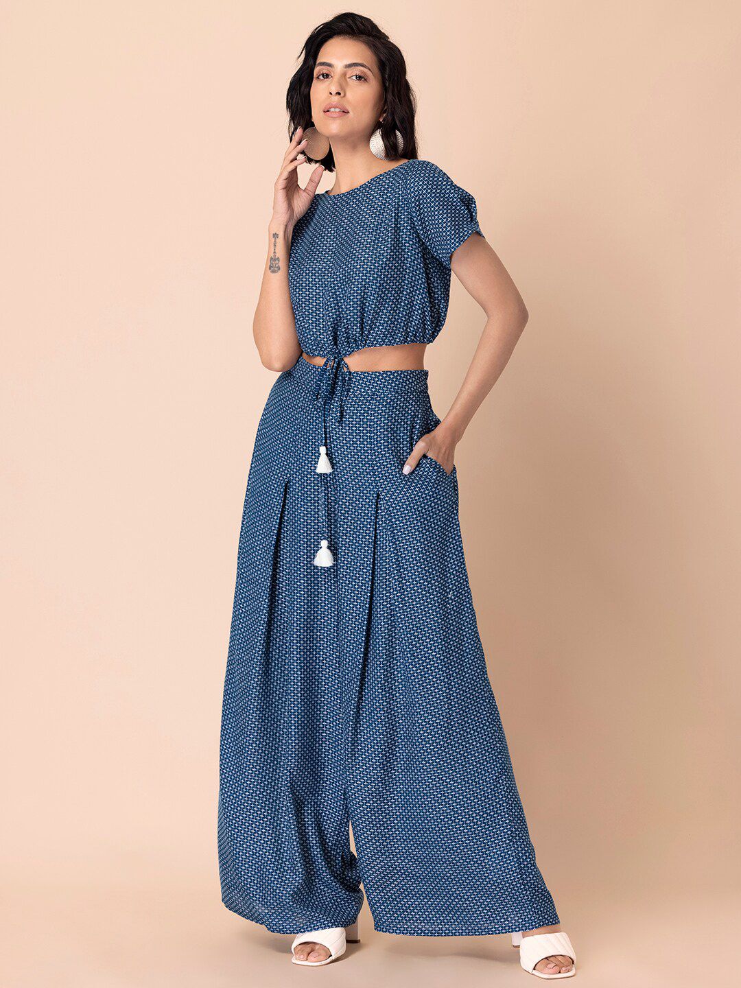 Earthen BY INDYA Women Blue & White Printed Solid Crop Top with Palazzos Price in India