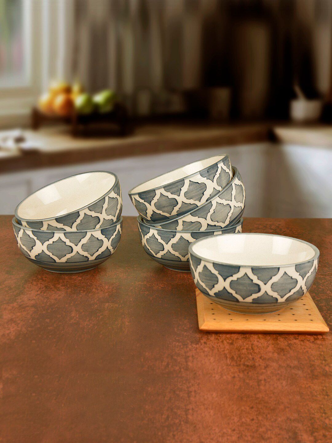 StyleMyWay Grey & Cream-Coloured 6 Pieces Hand Painted Printed Ceramic Glossy Bowls Price in India