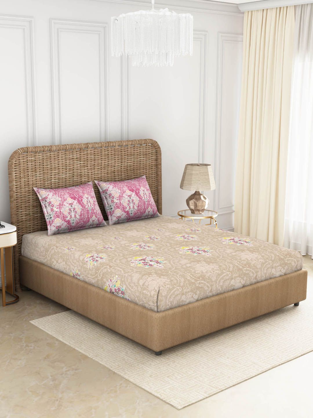 SPACES Beige & Pink Ethnic Motifs 144 TC Queen Bedsheet with 2 Pillow Covers Price in India