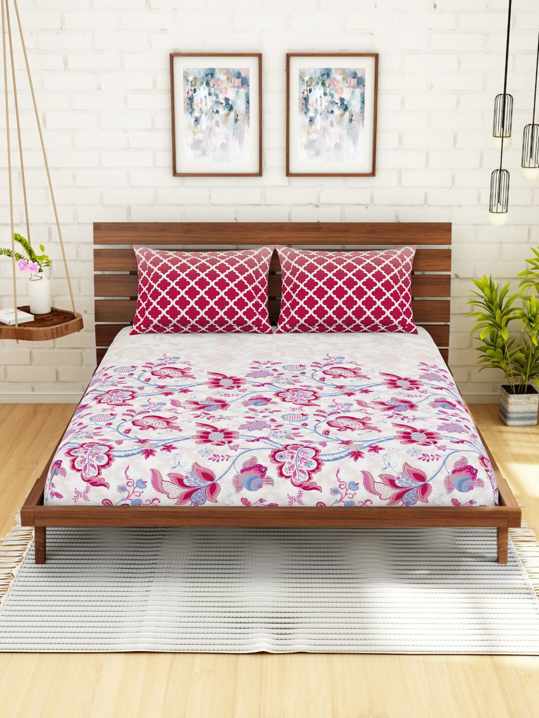 SPACES Pink & White Floral 144 TC King Bedsheet with 2 Pillow Covers Price in India