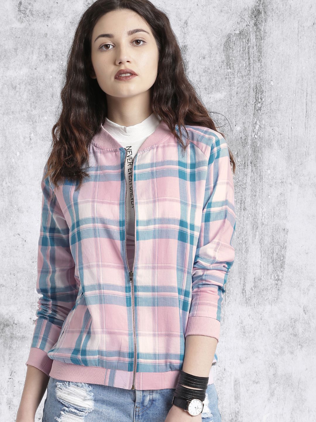 Roadster Women Pink & Blue Checked Bomber Jacket Price in India