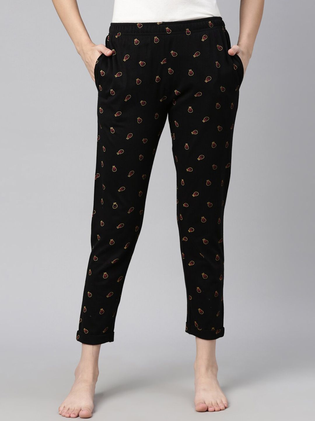 Curare Women Black Printed Pure Combed Cotton Lounge Pants Price in India