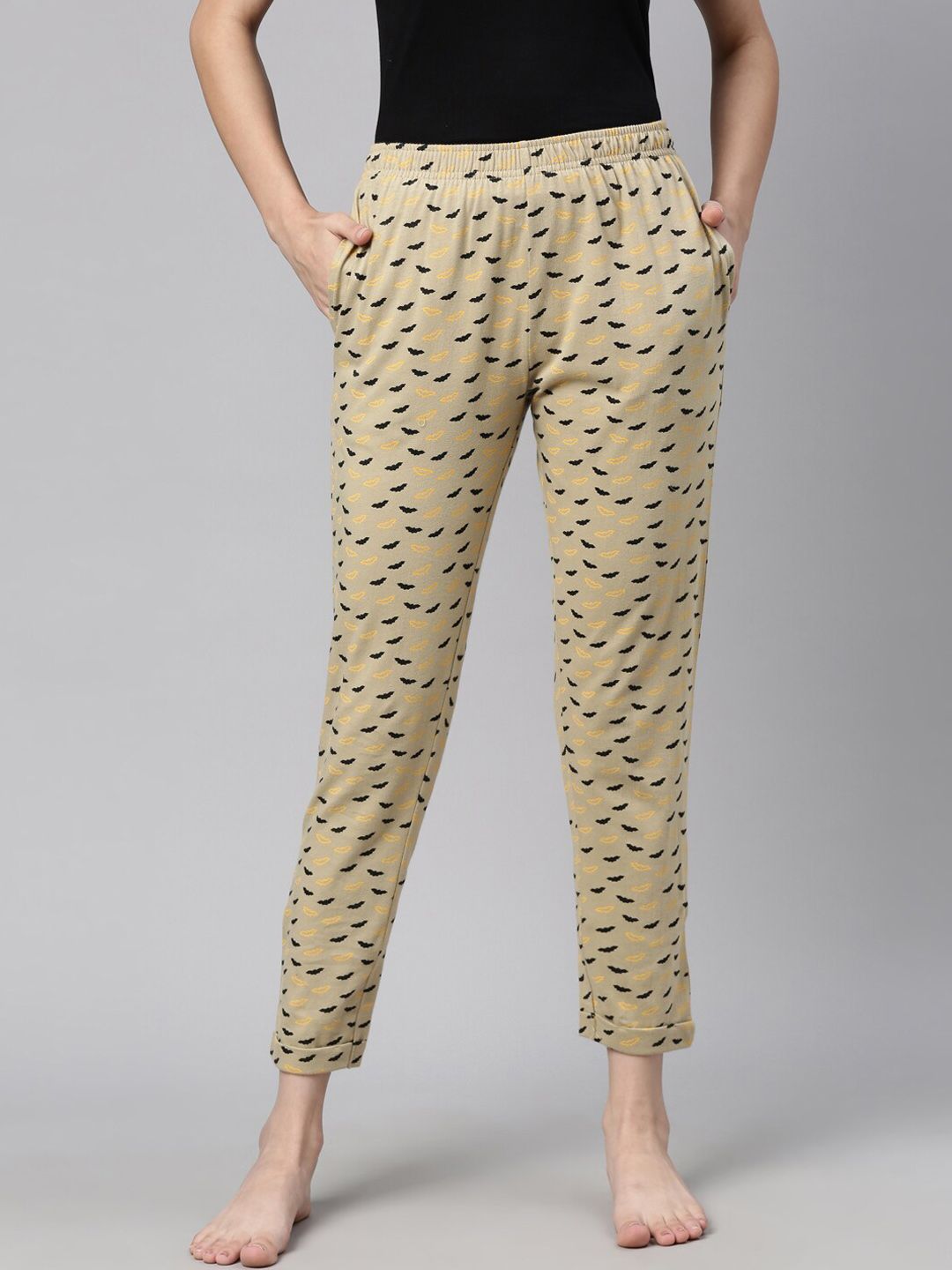 Curare Women Beige Printed Cotton Lounge Pants Price in India