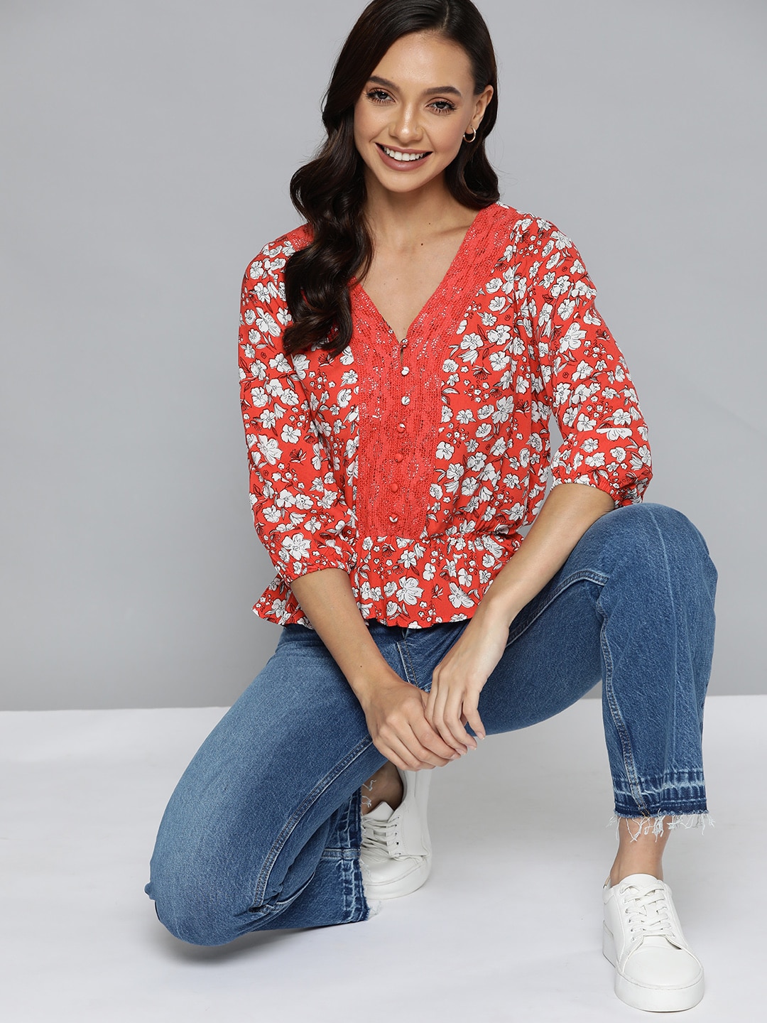 Mast & Harbour Red & White Floral Print Cinched Waist Top Price in India