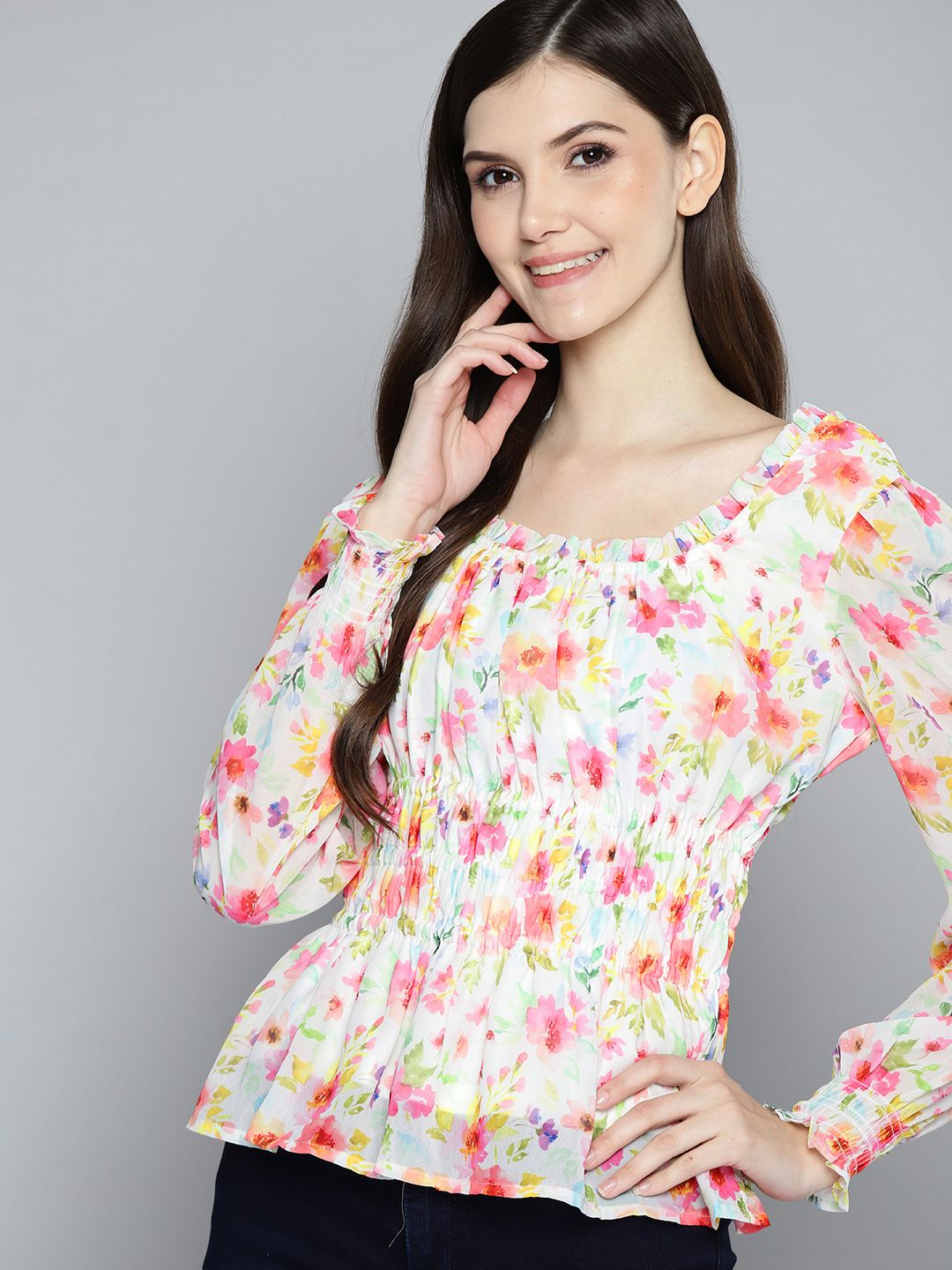 Mast & Harbour White & Pink Floral Print Smocked Top