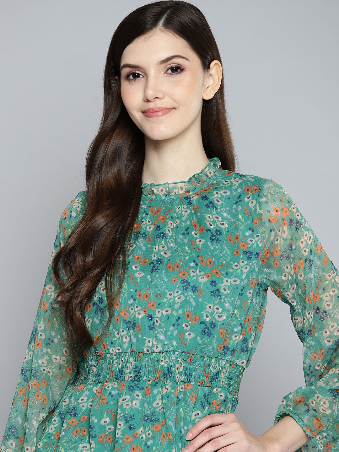 Mast & Harbour Green & Orange Floral Print Regular Top