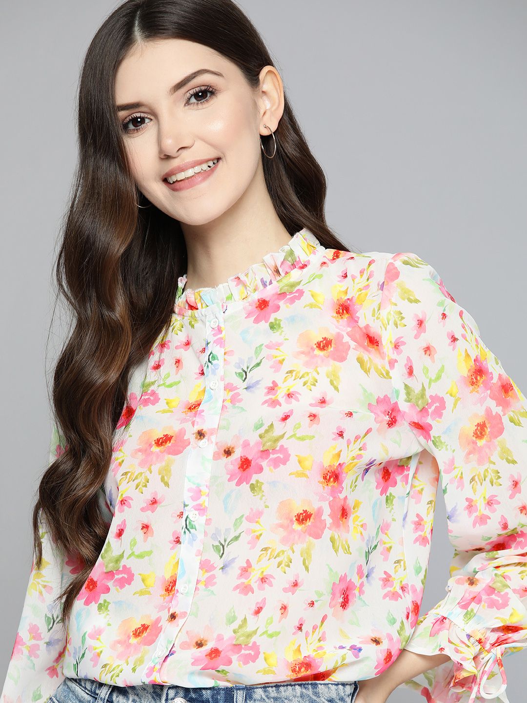 Mast & Harbour White & Pink Floral Print Mandarin Collar Shirt Style Top Price in India