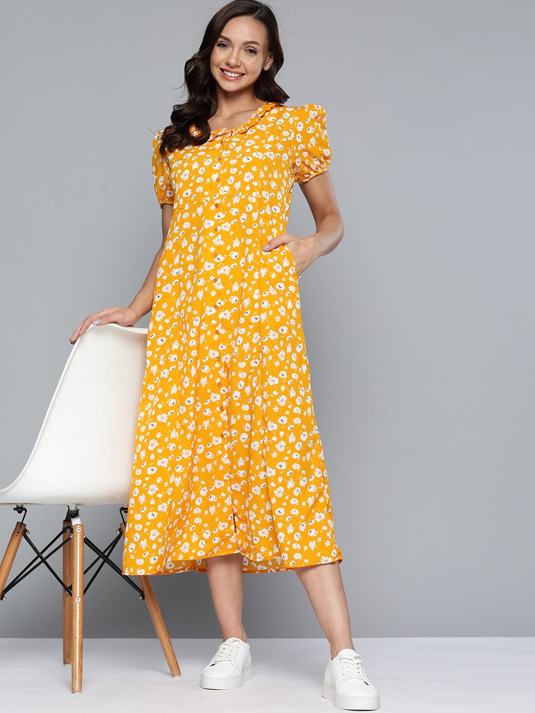 Mast & Harbour Mustard Yellow & White Floral Printed A-Line Midi Dress Price in India