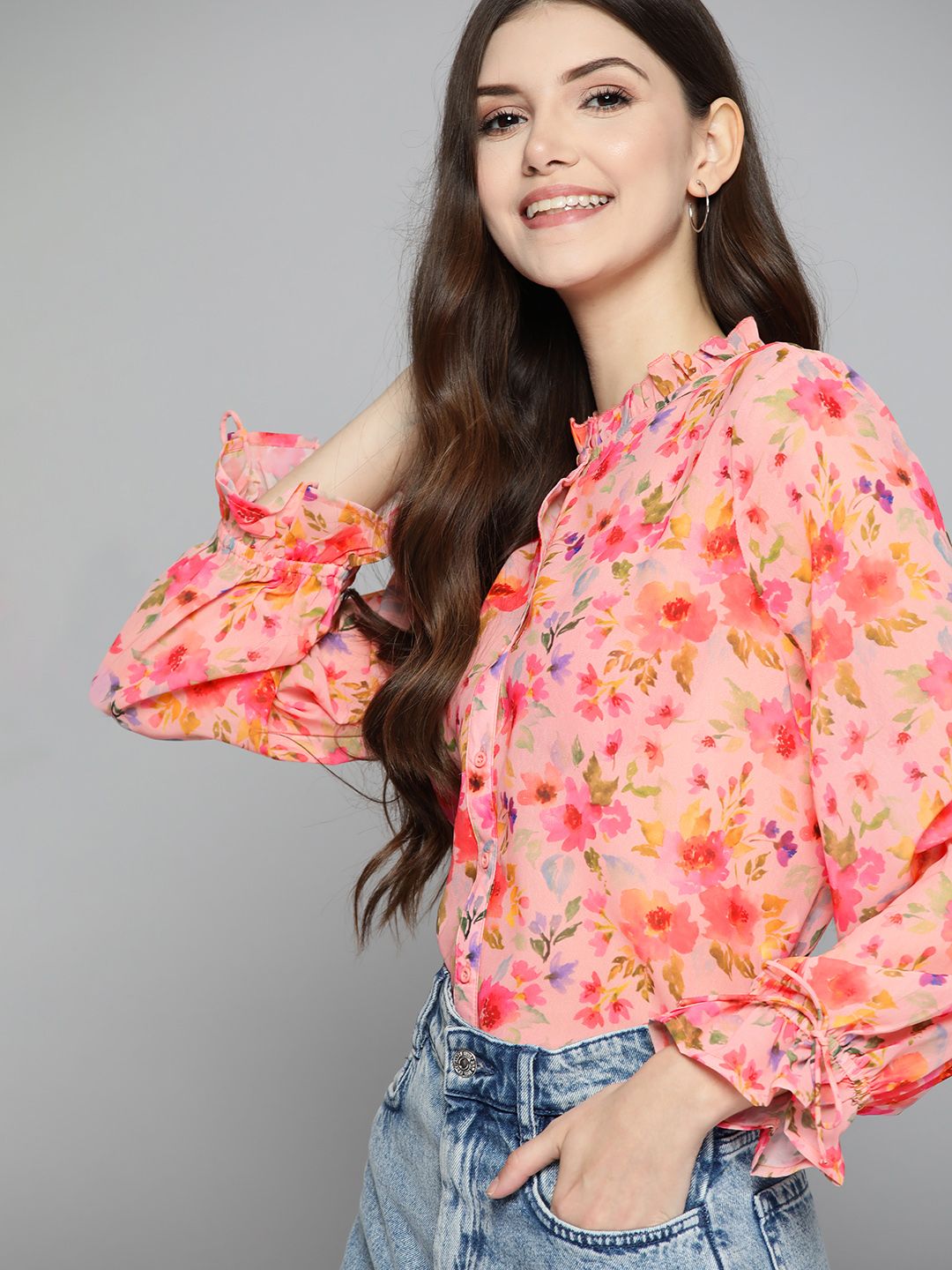 Mast & Harbour Pink Floral Print Mandarin Collar Shirt Style Top Price in India