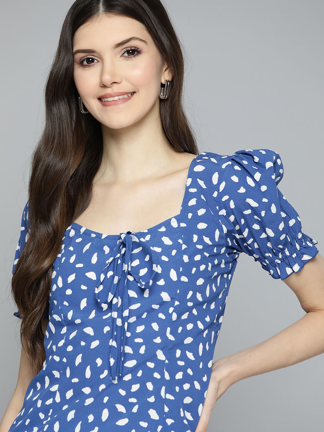 Mast & Harbour Blue & White Printed Sweetheart Neck Top Price in India