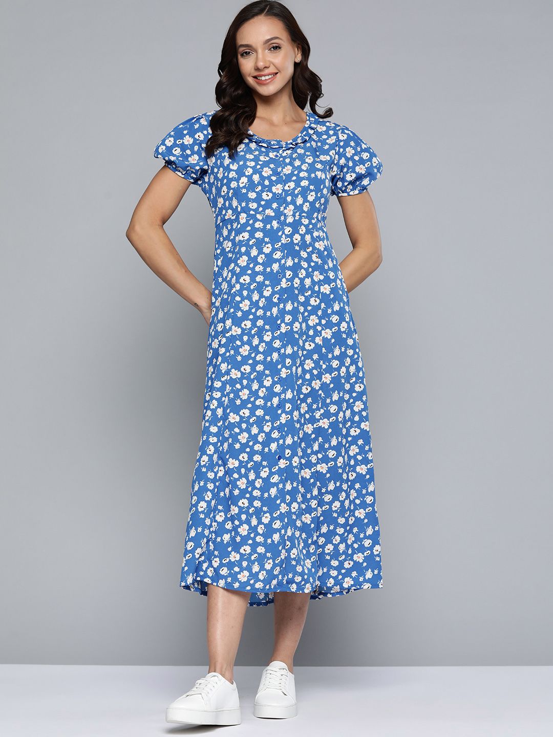 Mast & Harbour Blue & White Floral Printed A-Line Midi Dress Price in India