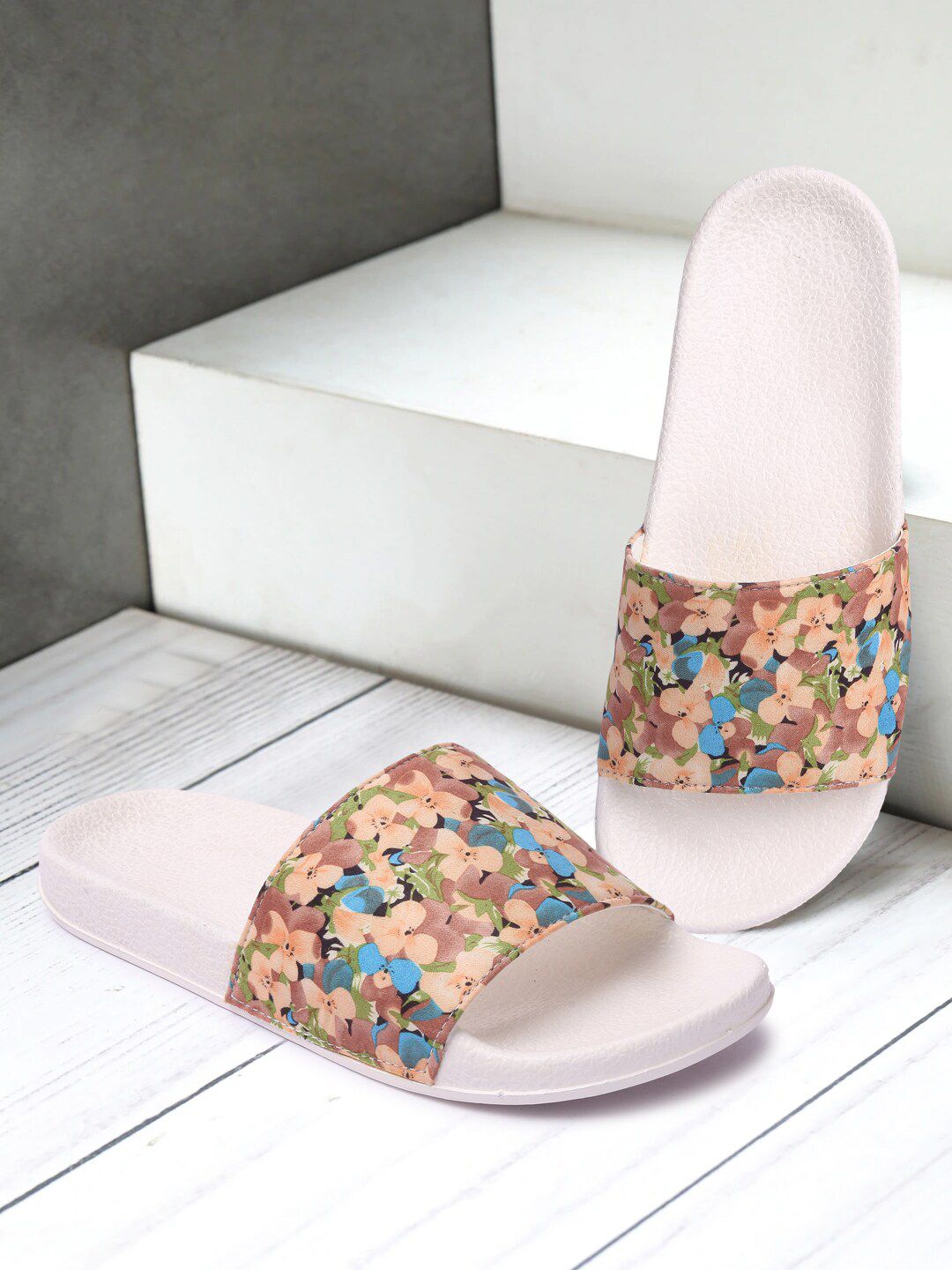 Longwalk Women Beige Printed Sliders Price in India