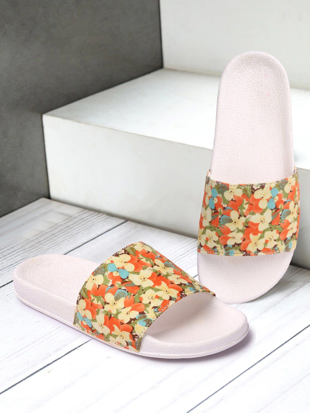 Longwalk Women Orange Printed Sliders Price in India