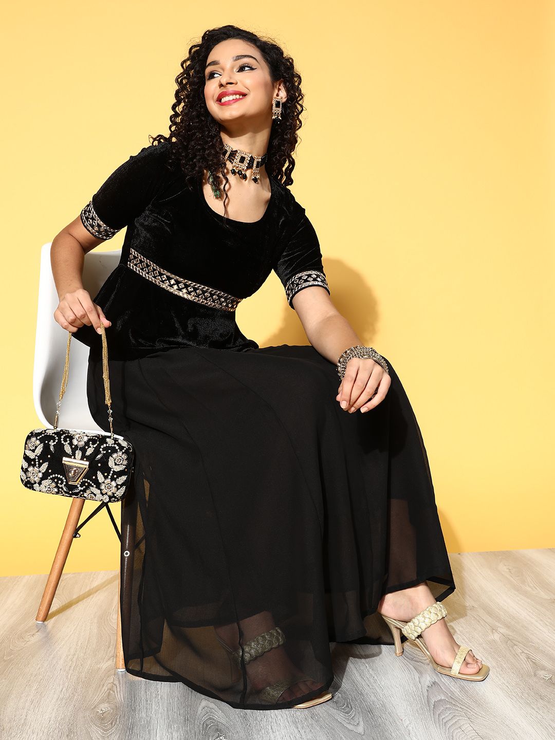 Shae by SASSAFRAS Black & Golden Velvet Finish Peplum Maxi Dress Price in India