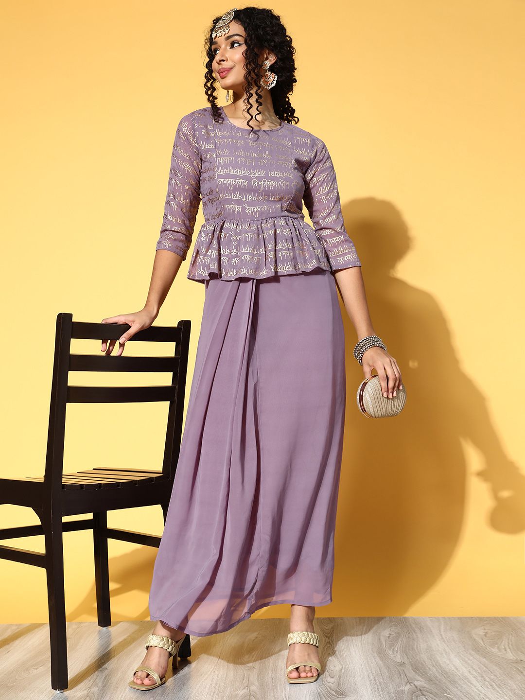 Shae by SASSAFRAS Mauve & Golden Typography Print Ethnic Maxi Dress Price in India