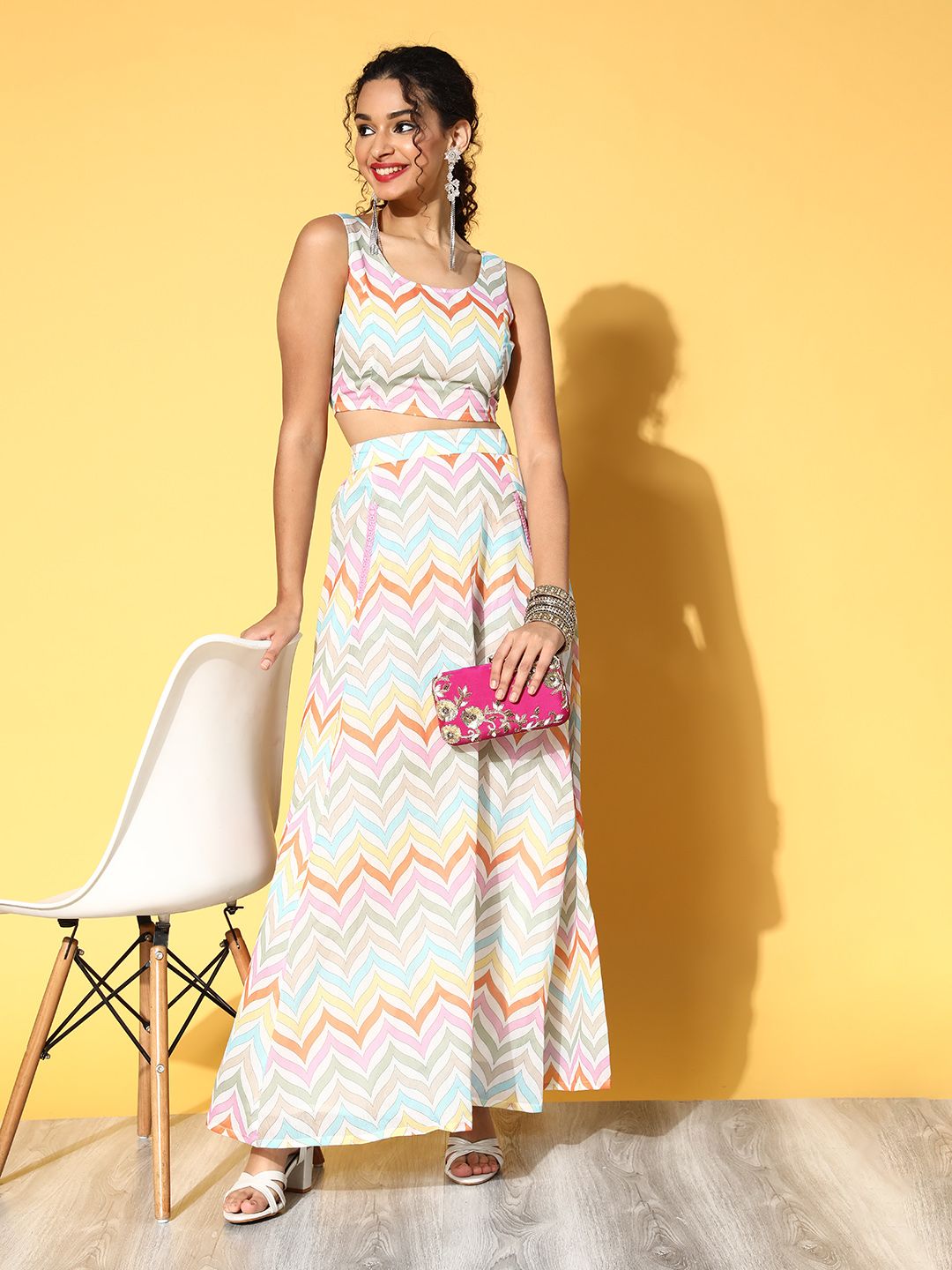 Shae by SASSAFRAS Women Off-White & Peach-Coloured Printed Flared Maxi Skirt