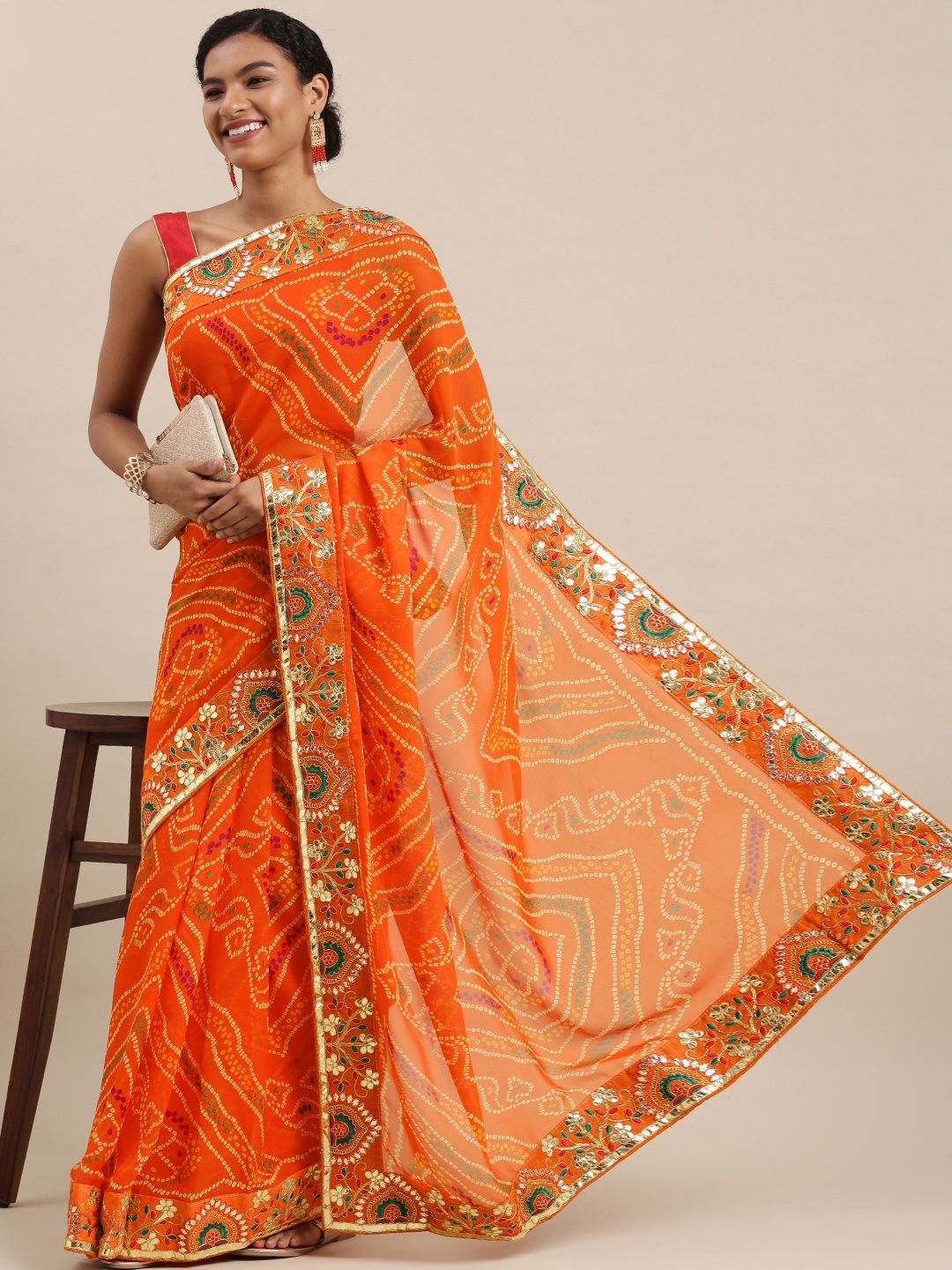 Mitera Orange Printed Gotta Patti Bandhani Saree Price in India