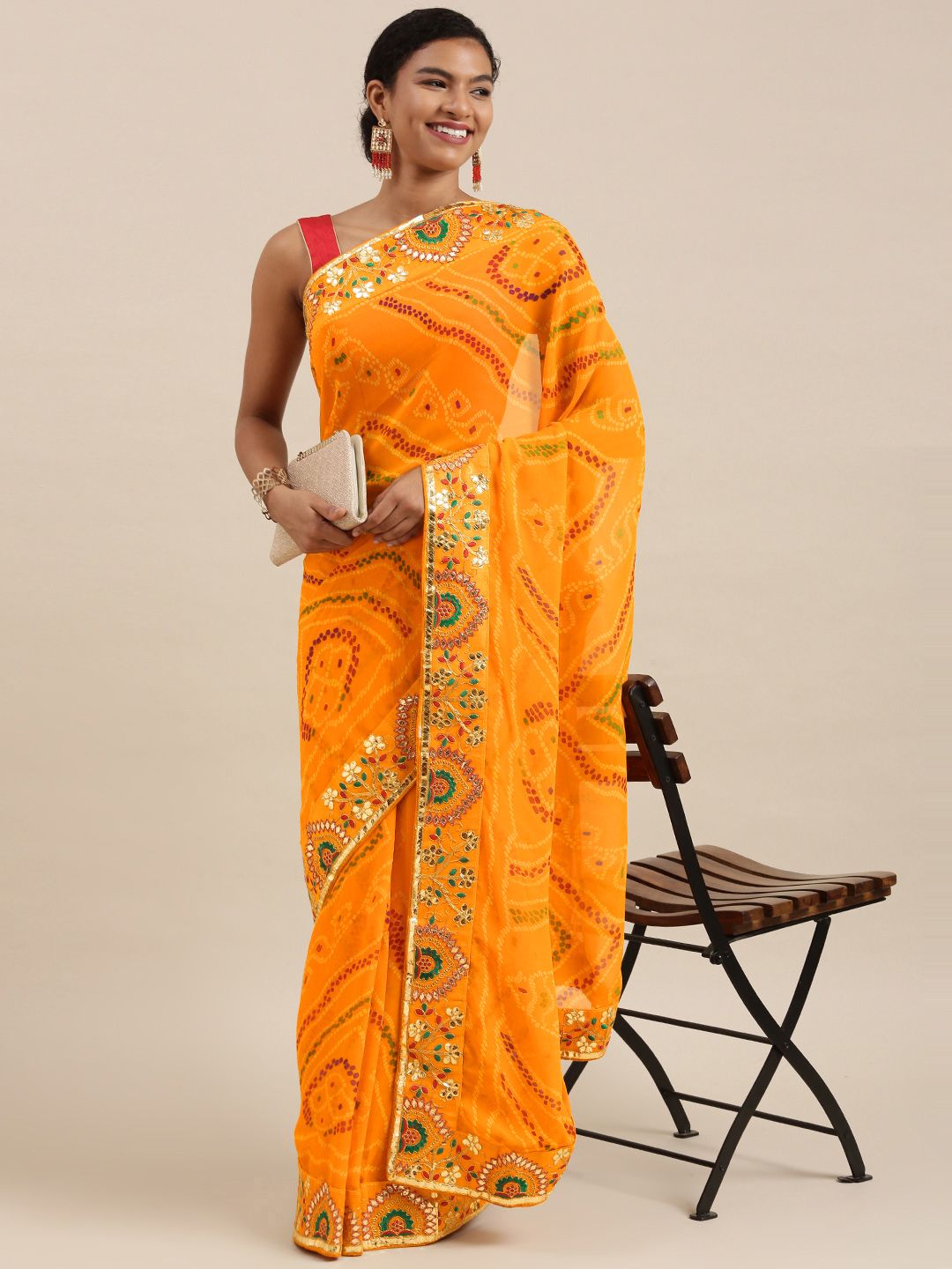 Mitera Yellow Printed Gotta Patti Bandhani Saree Price in India