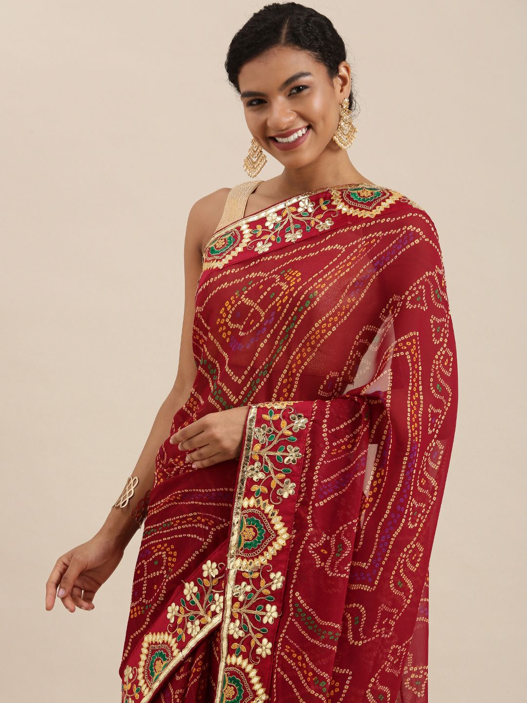 Mitera Maroon Printed Gotta Patti Bandhani Saree Price in India