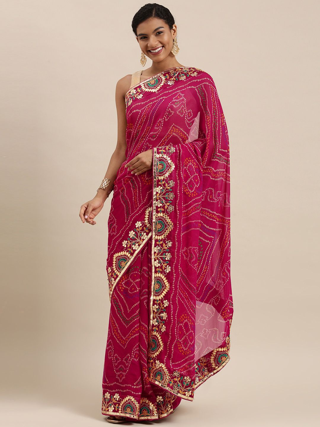 Mitera Pink Printed Gotta Patti Bandhani Saree Price in India