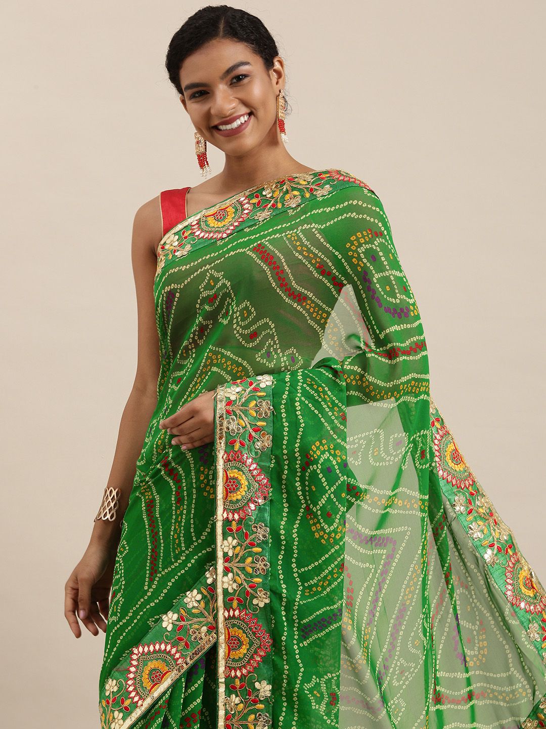 Mitera Green Printed Gotta Patti Bandhani Saree Price in India