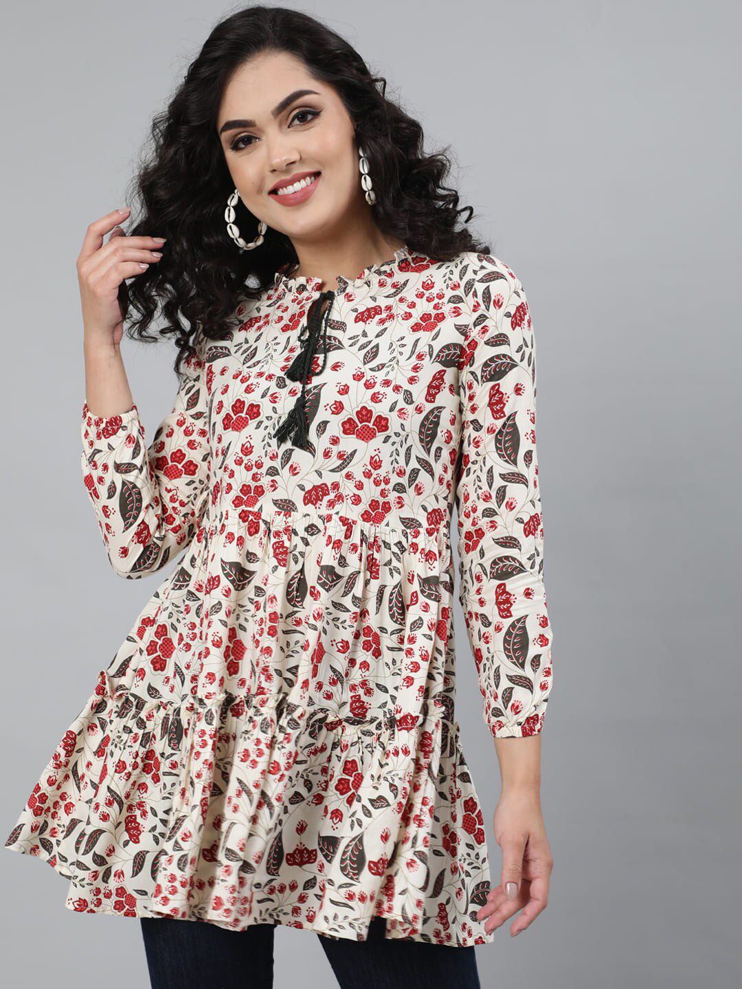 GULMOHAR JAIPUR Off-White & Maroon Floral Print Tie-Up Neck Longline A-line Top