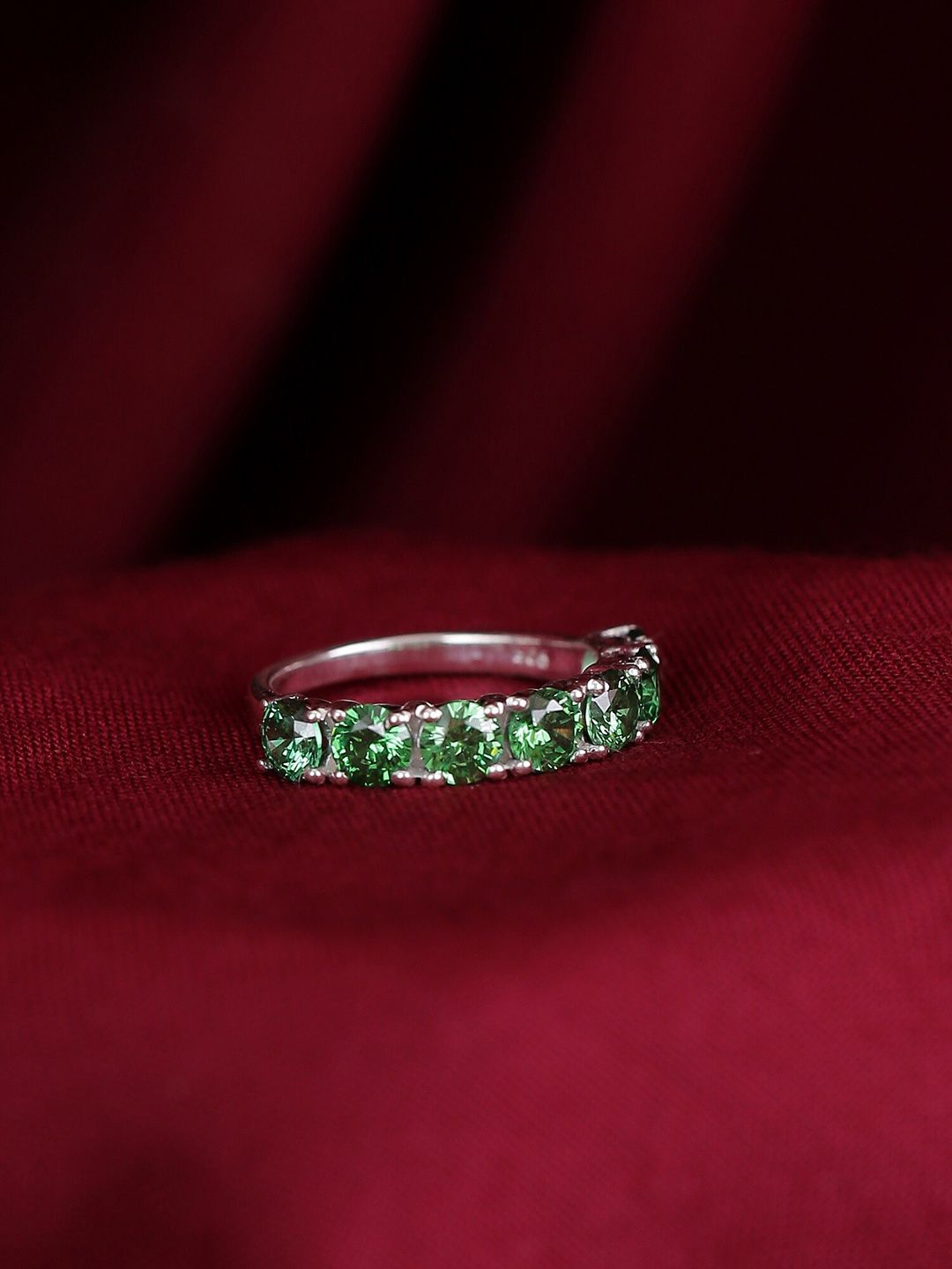 Hiara Jewels Rhodium-Plated Silver-Toned Green CZ-Studded Finger Ring Price in India