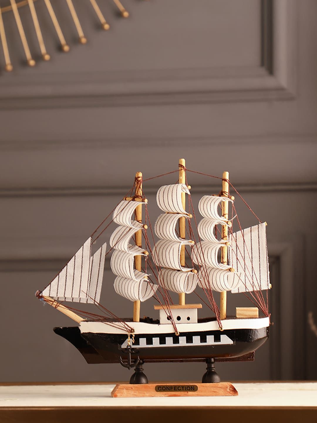 EXIM DECOR Brown & White Zig Zag Pattern Sailing Ship Showpiece Price in India