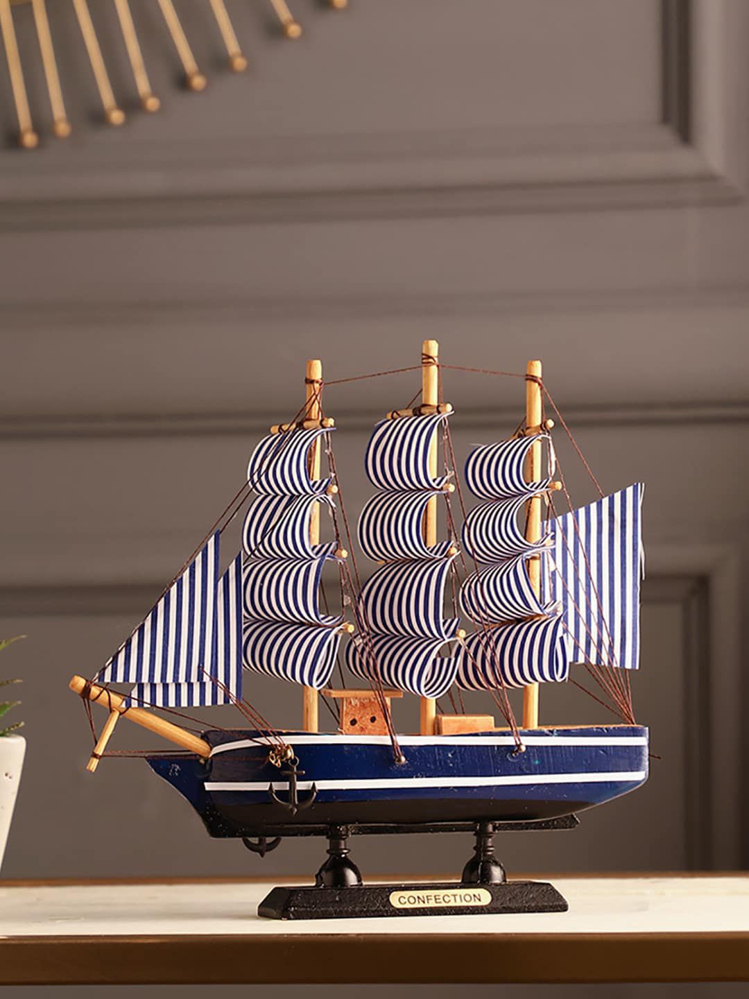 EXIM DECOR Wooden Ship  Brown And Navy Blue Striped ShowpiecesSDB-0369-0222-03B Price in India