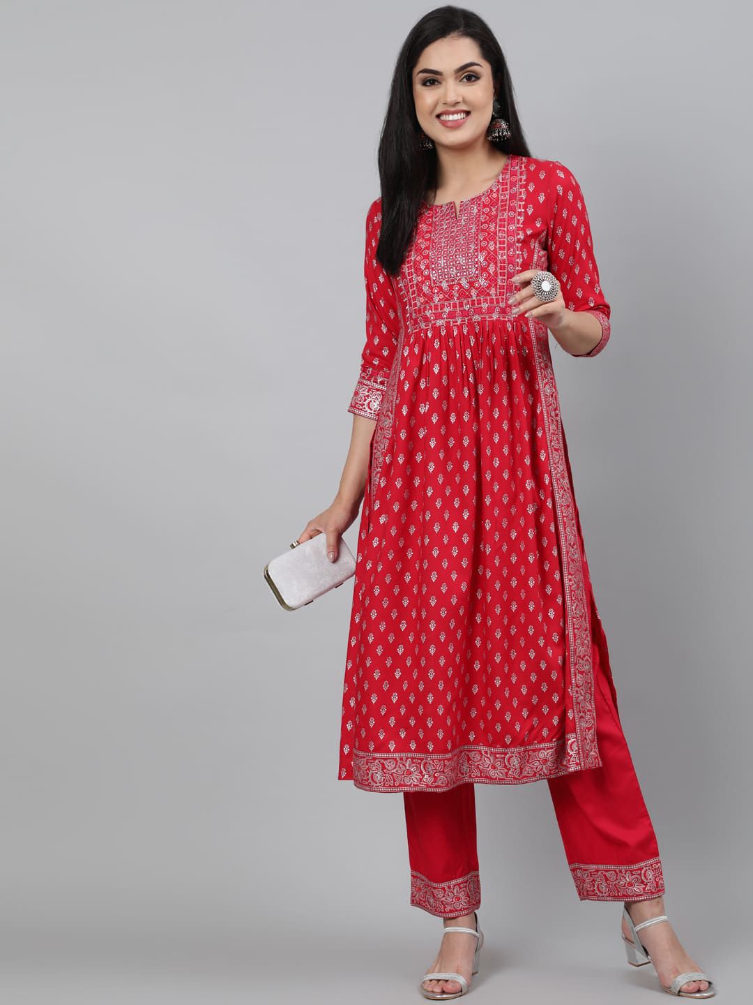 GULMOHAR JAIPUR Women Coral Ethnic Motifs Printed Empire Kurti with Trousers Price in India