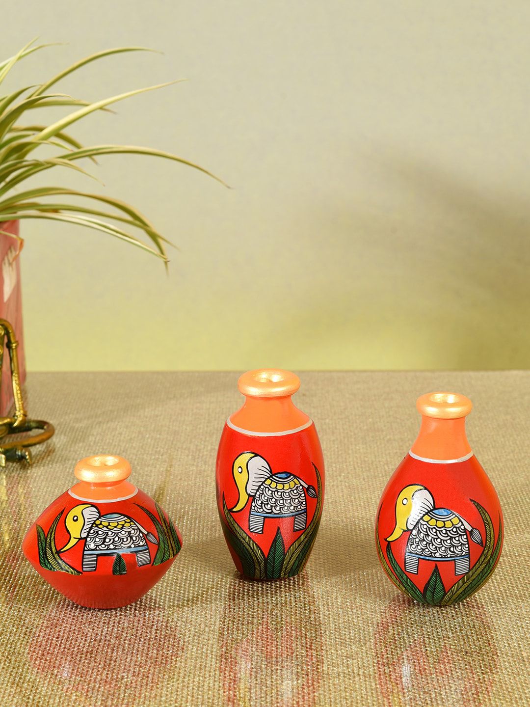 AAKRITI ART CREATIONS Set Of 3 Red Joyful Elephants Terracotta Vase Price in India