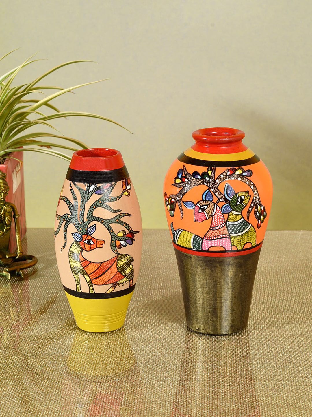 AAKRITI ART CREATIONS Set of 2 Olive & Orange Printed Terracotta Vases Price in India