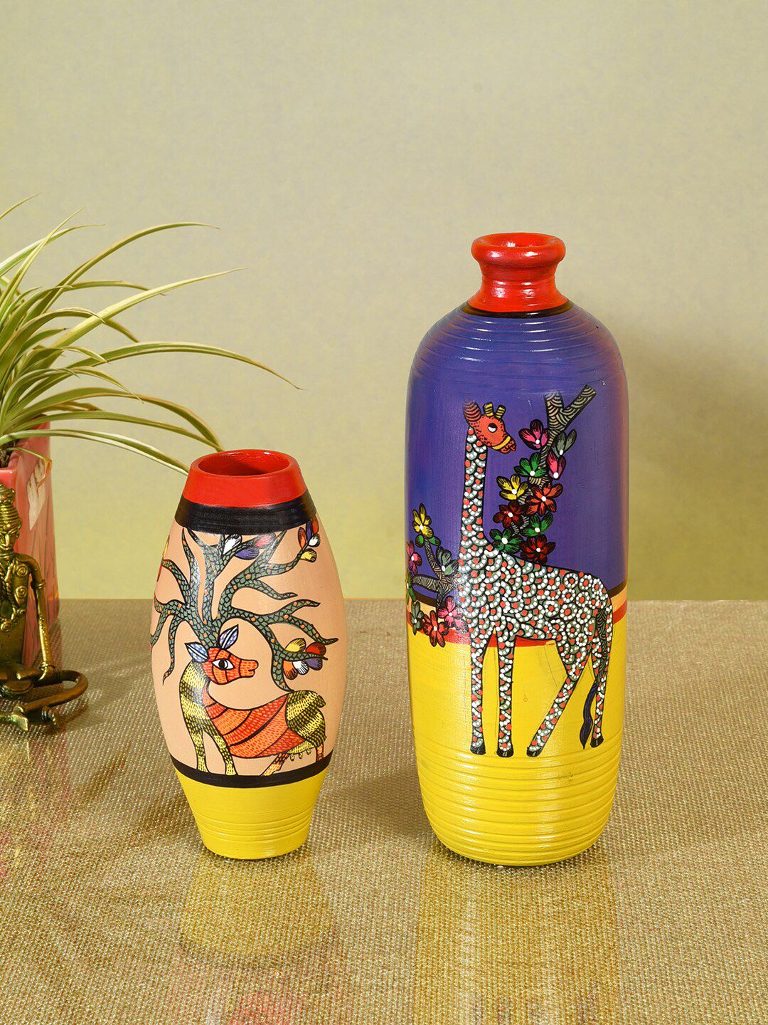 AAKRITI ART CREATIONS Set Of 2 Navy-Blue & Peach-Colored Printed Terracotta Vases Price in India