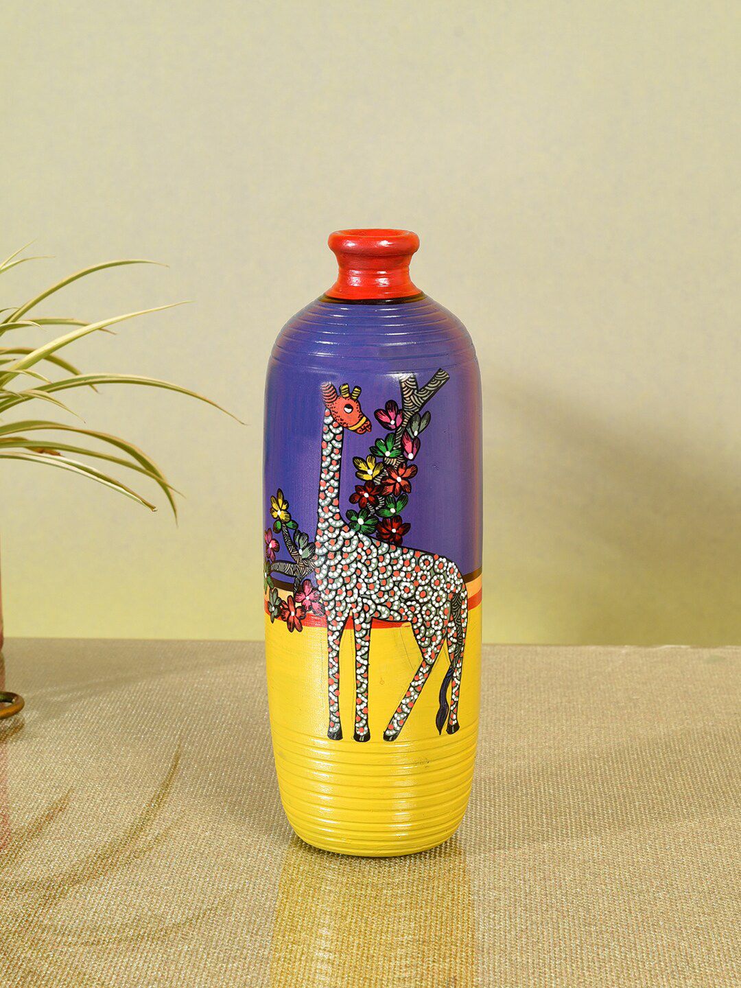 AAKRITI ART CREATIONS Yellow & Purple Giraffe Gallore Terracotta Vase Price in India