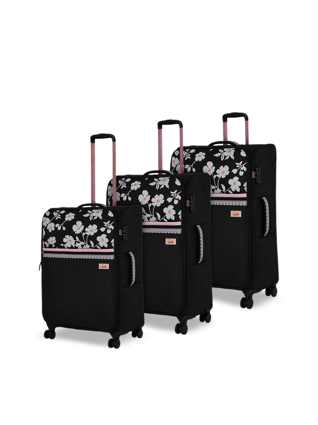 Genie Set Of 3 Black & White Printed Soft-Sided Trolley Suitcase Price in India