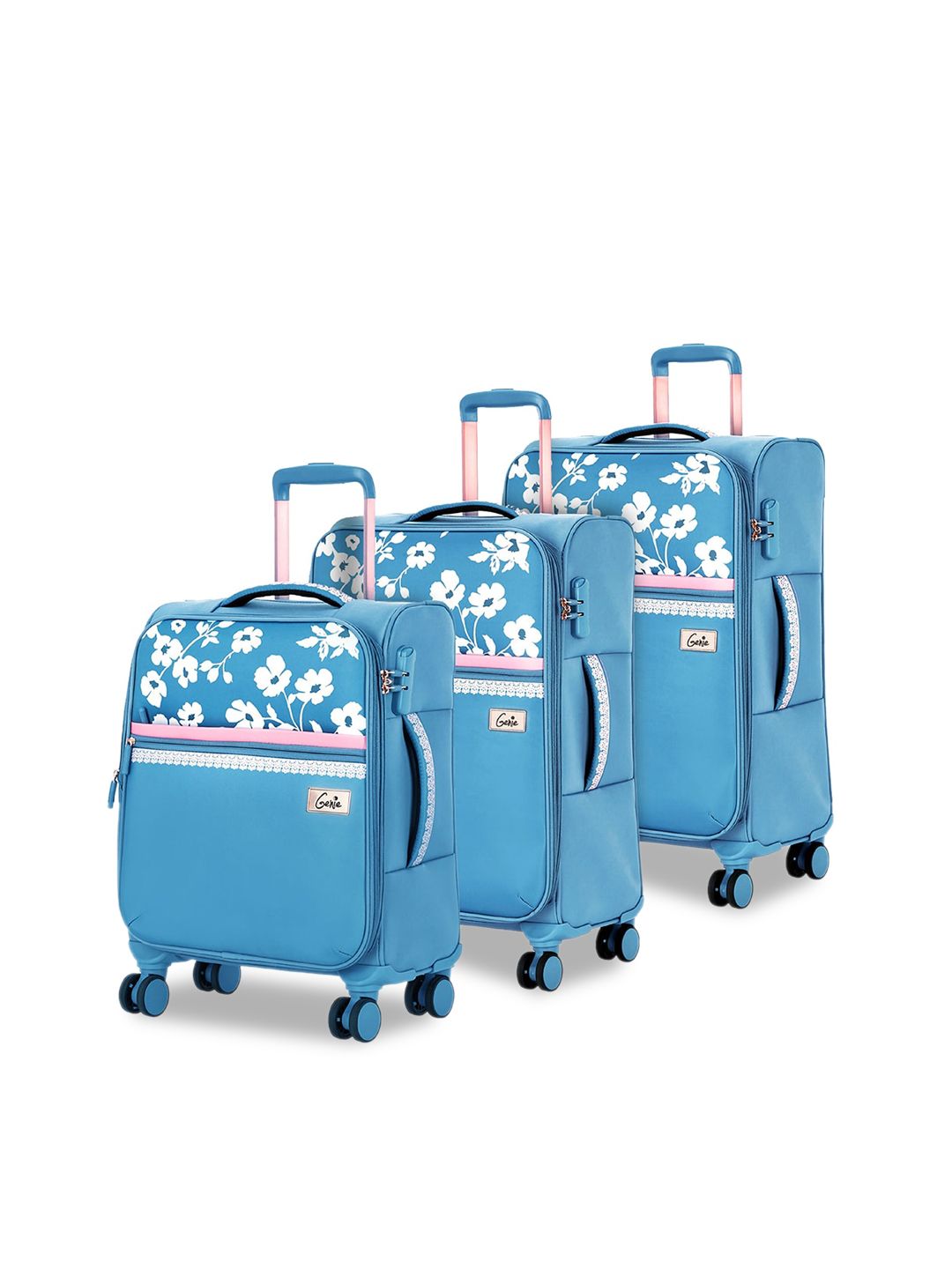 Genie Set of 3 Blue Printed Soft Sided Trolley Suitcase Price in India