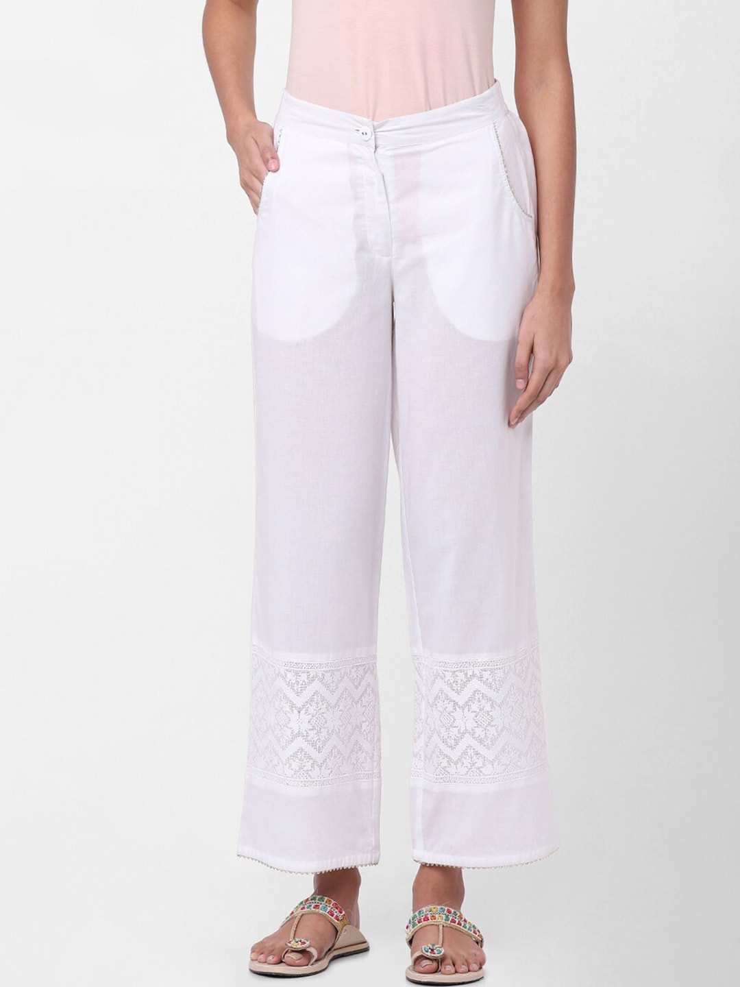 Naari Women White Cotton Slim Fit Trousers Price in India