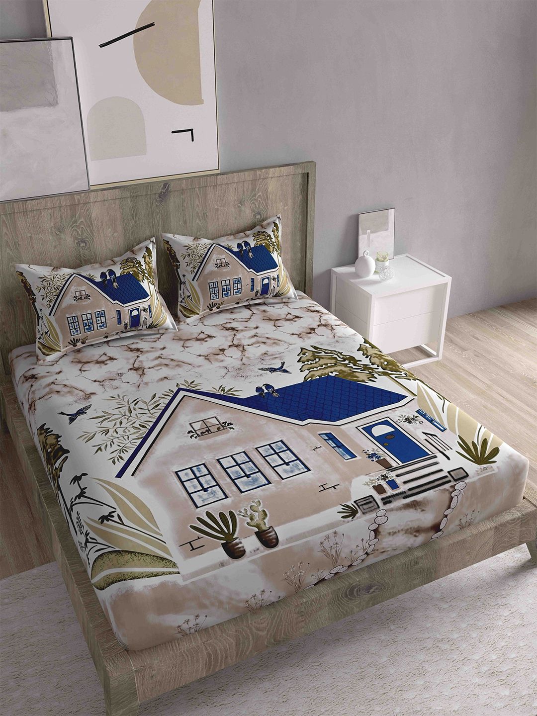 Spangle Blue & Off White Graphic 260 TC King Bedsheet with 2 Pillow Covers Price in India