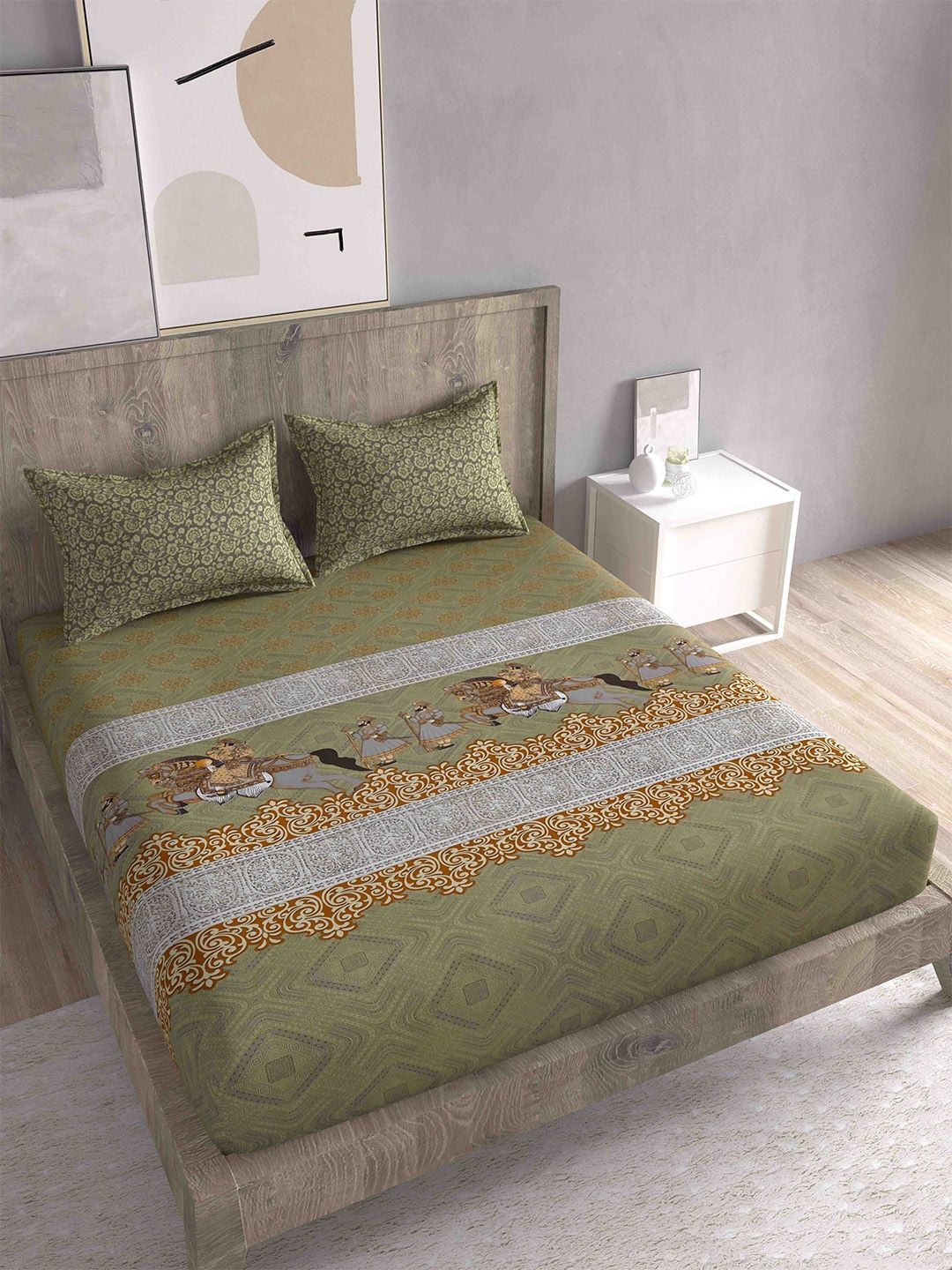 Spangle Green & Grey Ethnic Motifs 260 TC Cotton King Bedsheet with 2 Pillow Covers Price in India